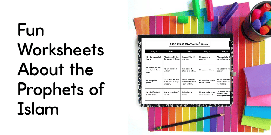 The Prophets of Islam Spiral Review worksheet on a colourful paper background