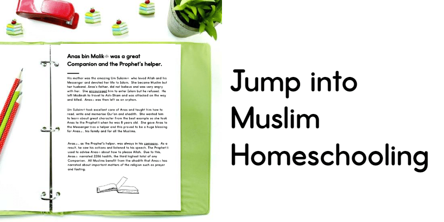 File folder open with a Islamic biography resource showing Muslim homeschooling has begun