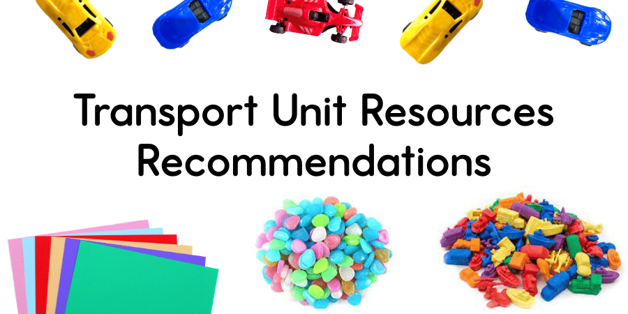 Transport resources including small toy cars, colourful pebbles and paper