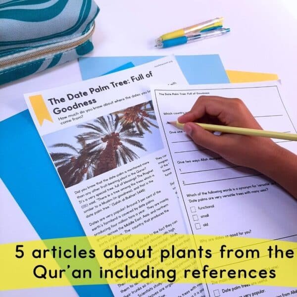 Plants from the Quran reading comprehension and question sheet.