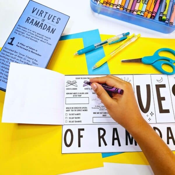 Virtues of Ramadan flap book page is filled out